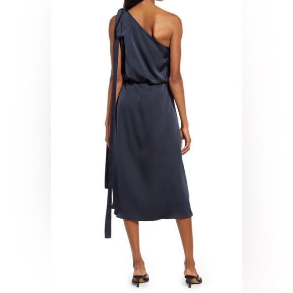 NWOT AMYLYNN One Shoulder  Satin Navy Blue Dress Women Size Medium - Picture 3 of 14